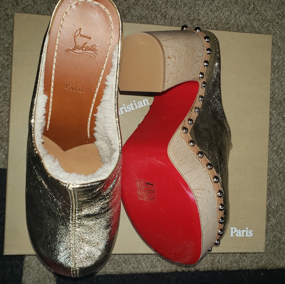 Christian Louboutin Gold sheepskin shearling gold clogs Shoes 10